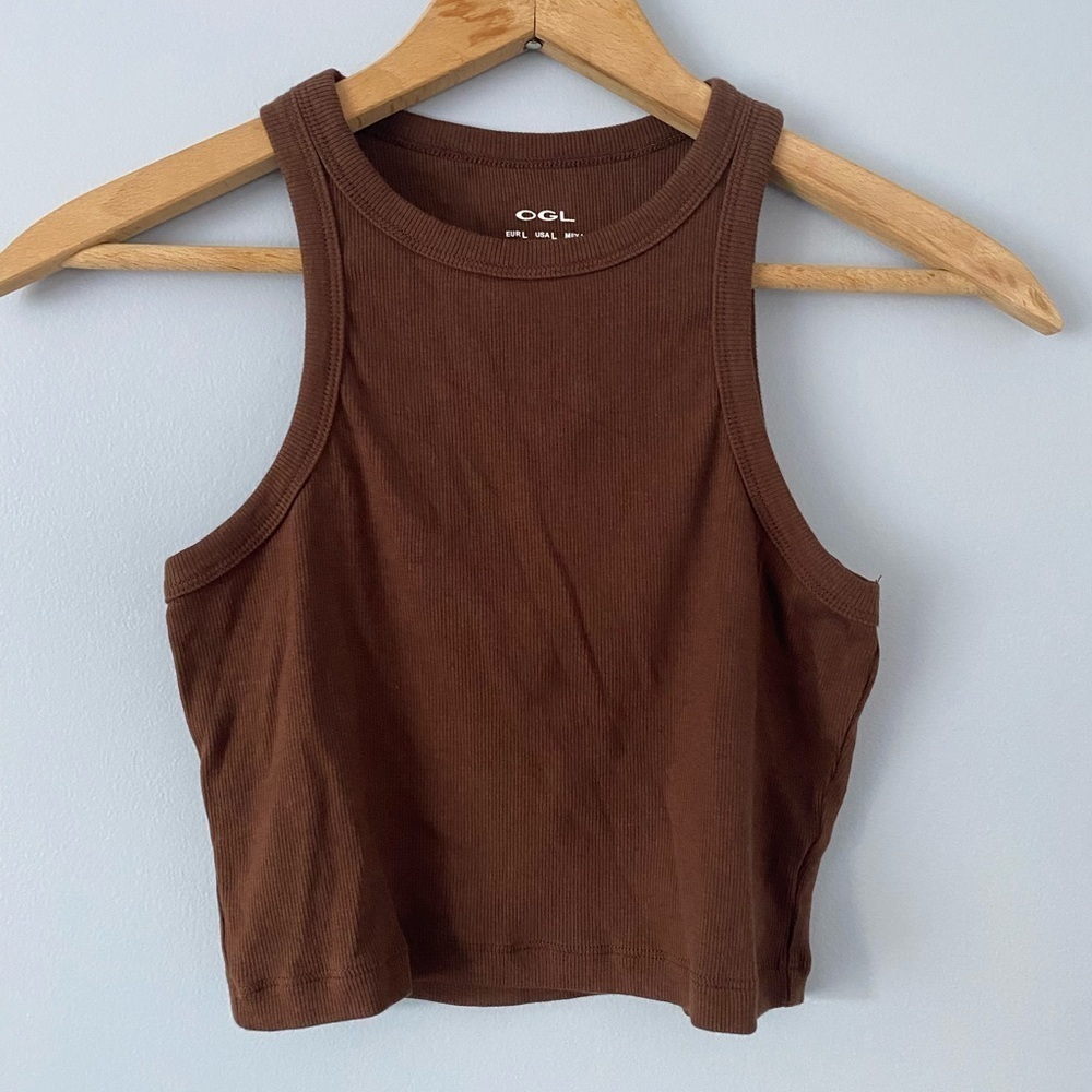 OGL Plantive Wood Rib Cutaway Cropped Tank Top, Size Large, Chestnut Brown - Picture 3 of 8